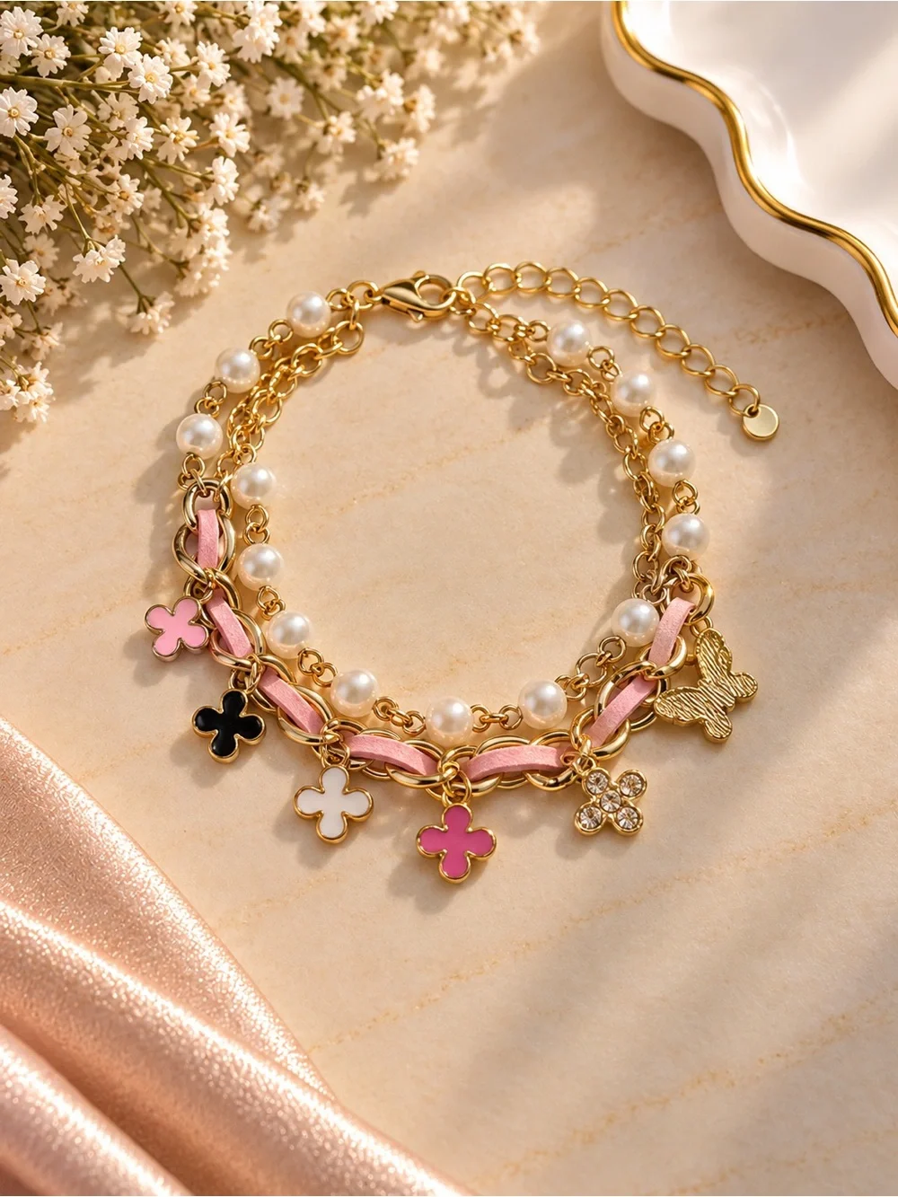 Gold Pearl & Pink Ribbon Multi-Charm Bracelet - Women Jewelry
